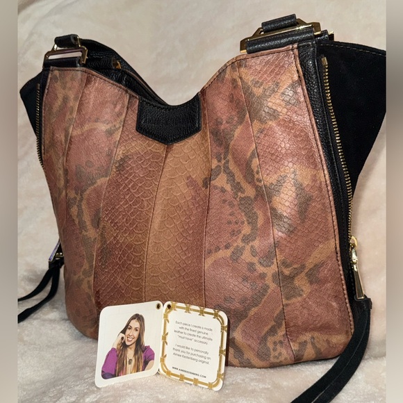 Aimee Kestenberg Handbags - Aimee Kestenberg Leather Shoulder Bag Black Brown Snakeskin Tote Gold Hardware